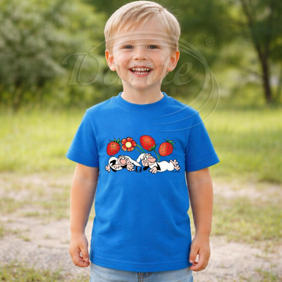 Dětské tričko modré Křemílek a Vochomůrka jahody kytka - DTLi123/hl