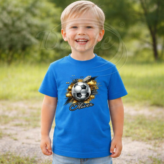 Dětské tričko modré Kopací míč zlatý a váš text - DTT008/hl