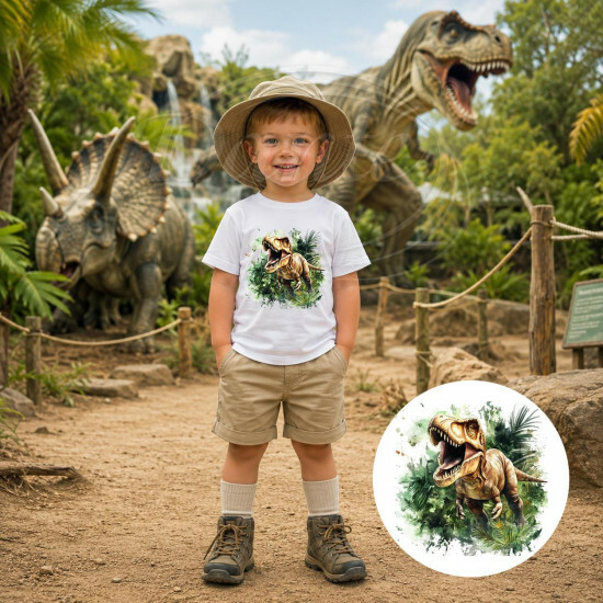 Dětské tričko bílé Řvoucí T-Rex v džungli - DTT031/hl